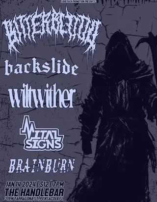 Show flyer, bitter blood, backslide +3, Pensacola FL, Jan 14, 2024