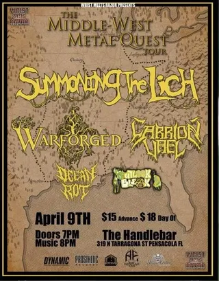 Show flyer, summoning the lich, warforged +3, Pensacola FL, Apr 9, 2024