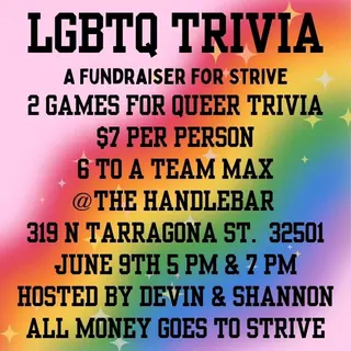 Show flyer, lgbtq trivia (strive fundraiser), Pensacola FL, Jun 9, 2024