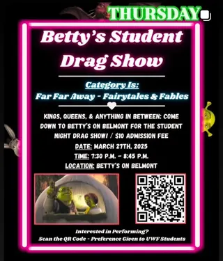 Show flyer, betty's student drag show, Pensacola FL, Mar 27, 2025