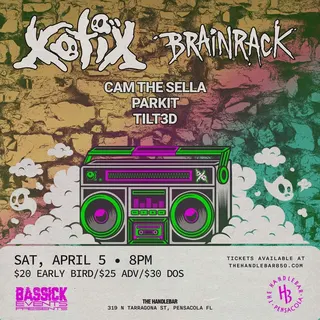Show flyer, xotix, brainrack +3, Pensacola FL, Apr 5, 2025