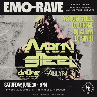 Show flyer, aaron steel, dj drone +3, Pensacola FL, Jun 28, 2025