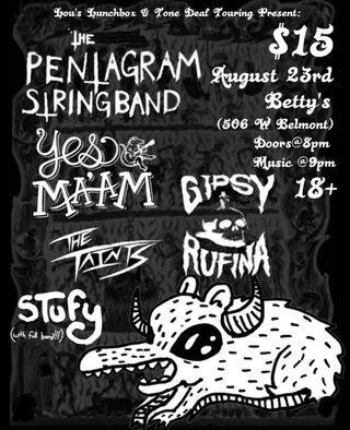 Show flyer, the pentagram string band, yes ma'am +3, Pensacola FL, Aug 23, 2025