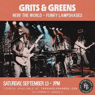 Show flyer, grits & greens, nerf the world +1, Pensacola FL, Sep 13, 2025
