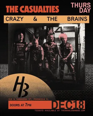 Show flyer, the casualties, crazy & the brains, Pensacola FL, Dec 18, 2025