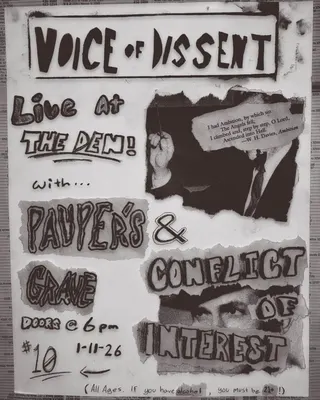 Show flyer, voice of dissent, pauper's grave +1, Pensacola FL, Jan 11, 2026