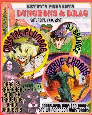 Show flyer, crystal plumage, dj balance +2, Pensacola FL, Feb 21, 2026