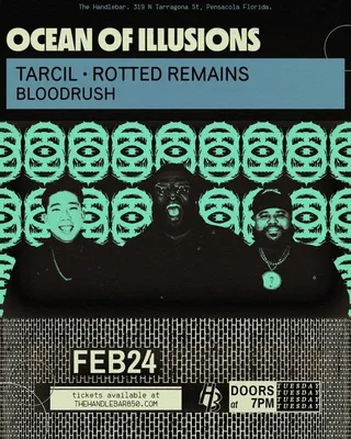 Show flyer, ocean of illusions, tarcil +2, Pensacola FL, Feb 24, 2026
