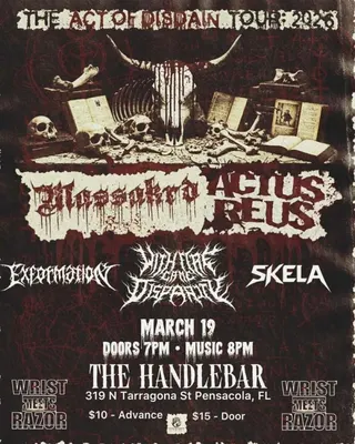 Show flyer, massakra, actus reus +3, Pensacola FL, Mar 19, 2026