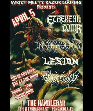 Show flyer, ethereal tomb, innerwounds +2, Pensacola FL, Apr 5, 2026