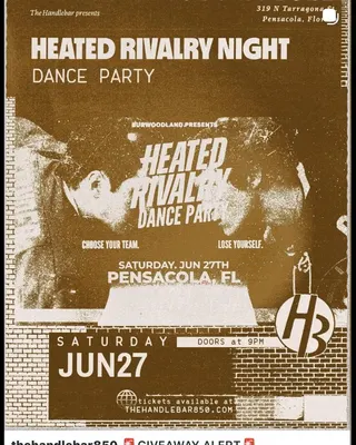 Show flyer, heated rivalry night dance party (burwoodland), Pensacola FL, Jun 27, 2026