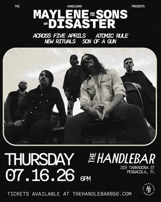 Show flyer, maylene and the sons of disaster, across five aprils +3, Pensacola FL, Jul 16, 2026