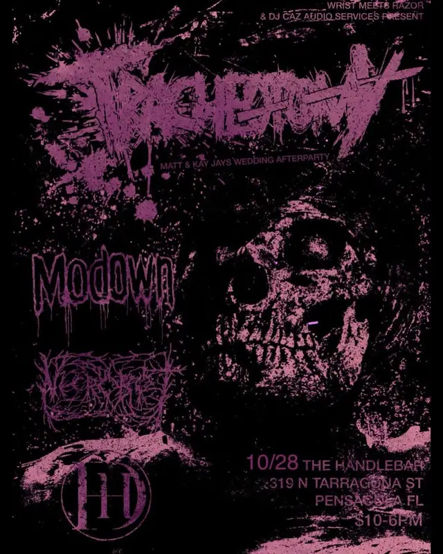 Show flyer for Trache0tomy, Modown, Necrobot, Dark Horizon at The Handlebar in Pensacola, FL, Oct 28, 2026