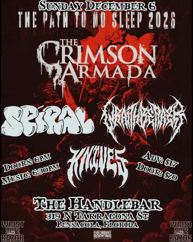 Show flyer for The Crimson Armada, Spiral, Wraithbearer, Knives at The Handlebar in Pensacola, FL, Dec 6, 2026